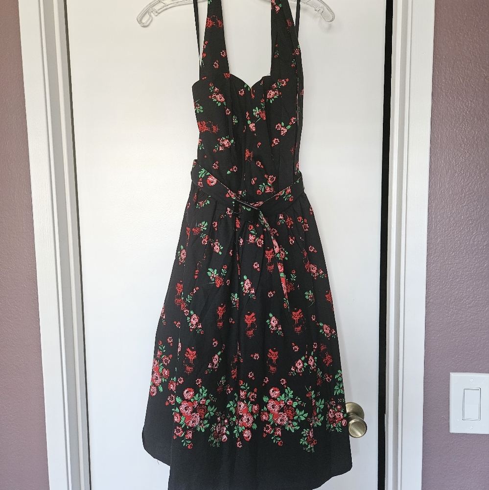 Hell bunny Black and Red floral skull halter swing dress